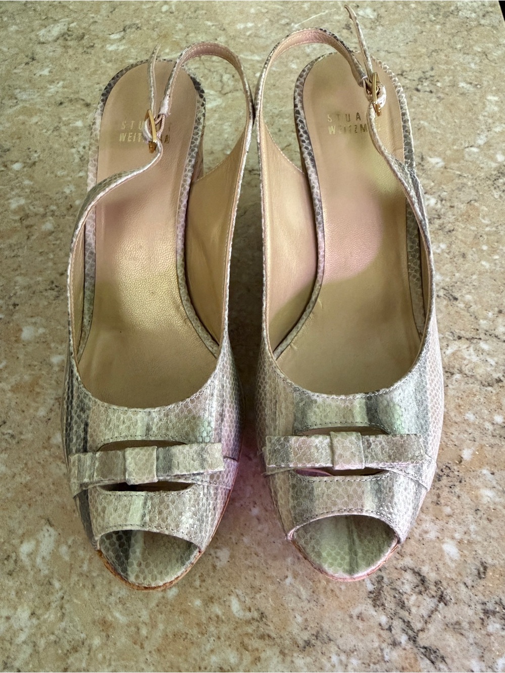 Stuart Weitzman Ivory Snakeskin Peep-Toe Slingbacks with Bow Accent
